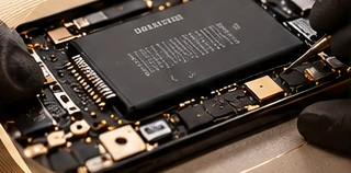 Telefon bataryasının onarım sırasında yakın görünümü